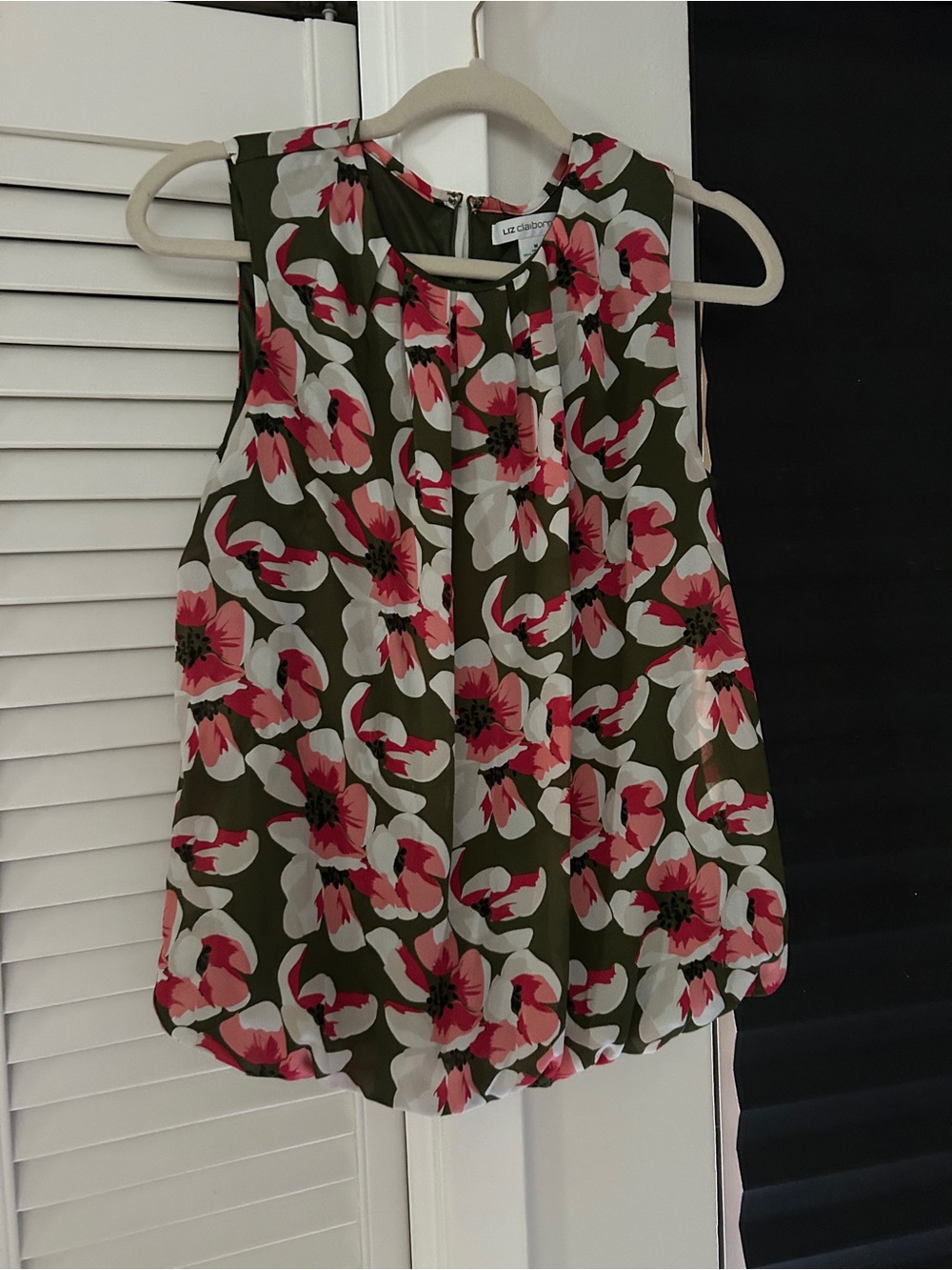 Liz Claiborne Olive Green Floral Sleeveless Camisole with Pink and White Blooms